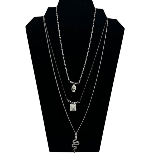 Target 3pc Layered Necklace Set With Skull Snake & Square Charms Silver Tone - Picture 1 of 15